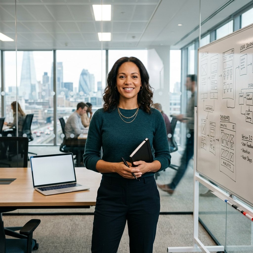 Professional woman in a bright UK office with wireframe sketches on whiteboard