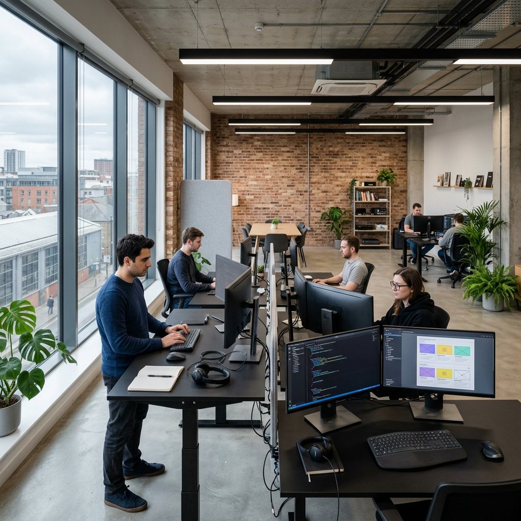 Modern affiliate marketing studio in the United Kingdom with standing desks and monitors